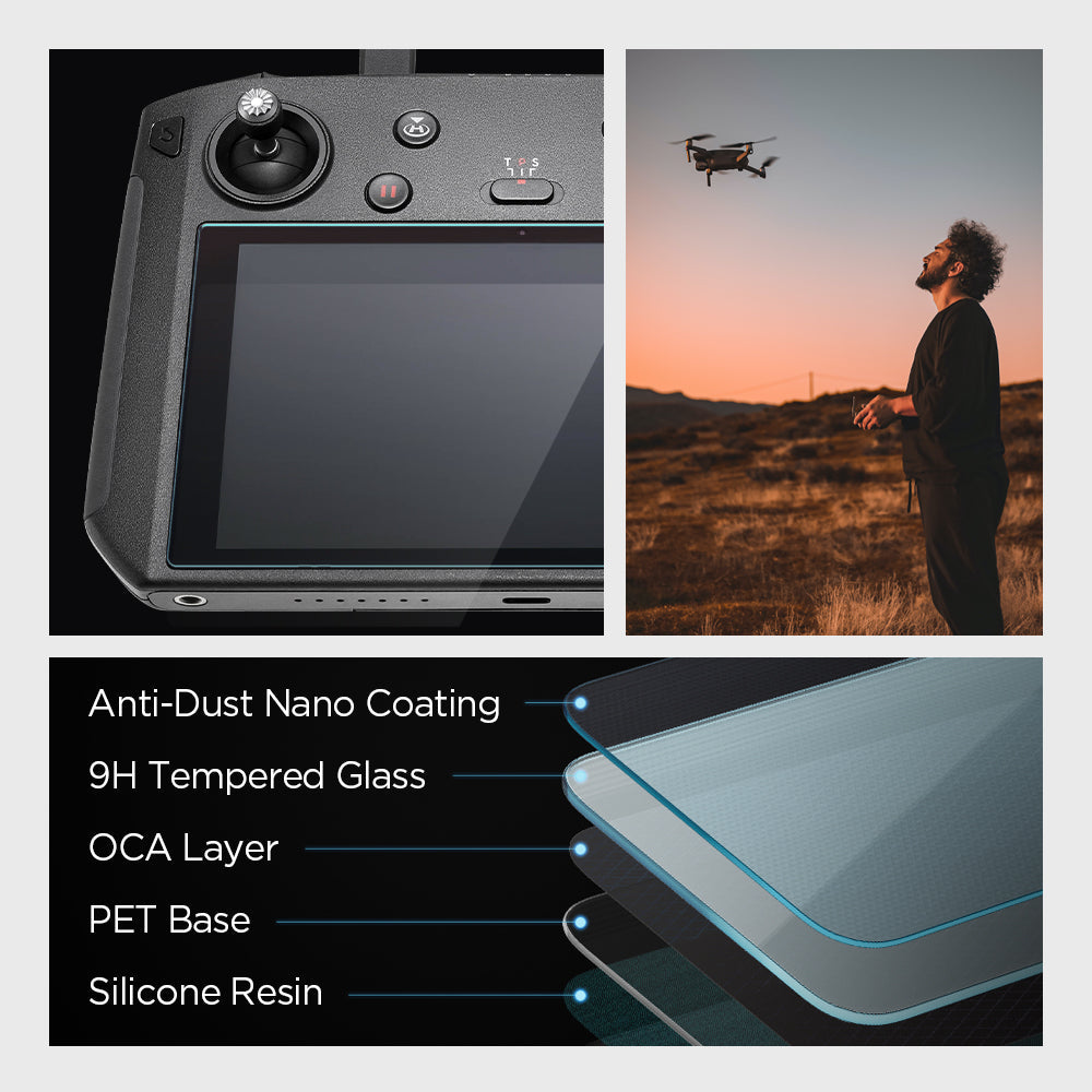 AGL05590 - DJI RC Pro Series Screen Protector EZ FIT GLAS.tR showing the anti-dust nano coating, 9H tempered glass, OCA layer, PET base and silicone resin