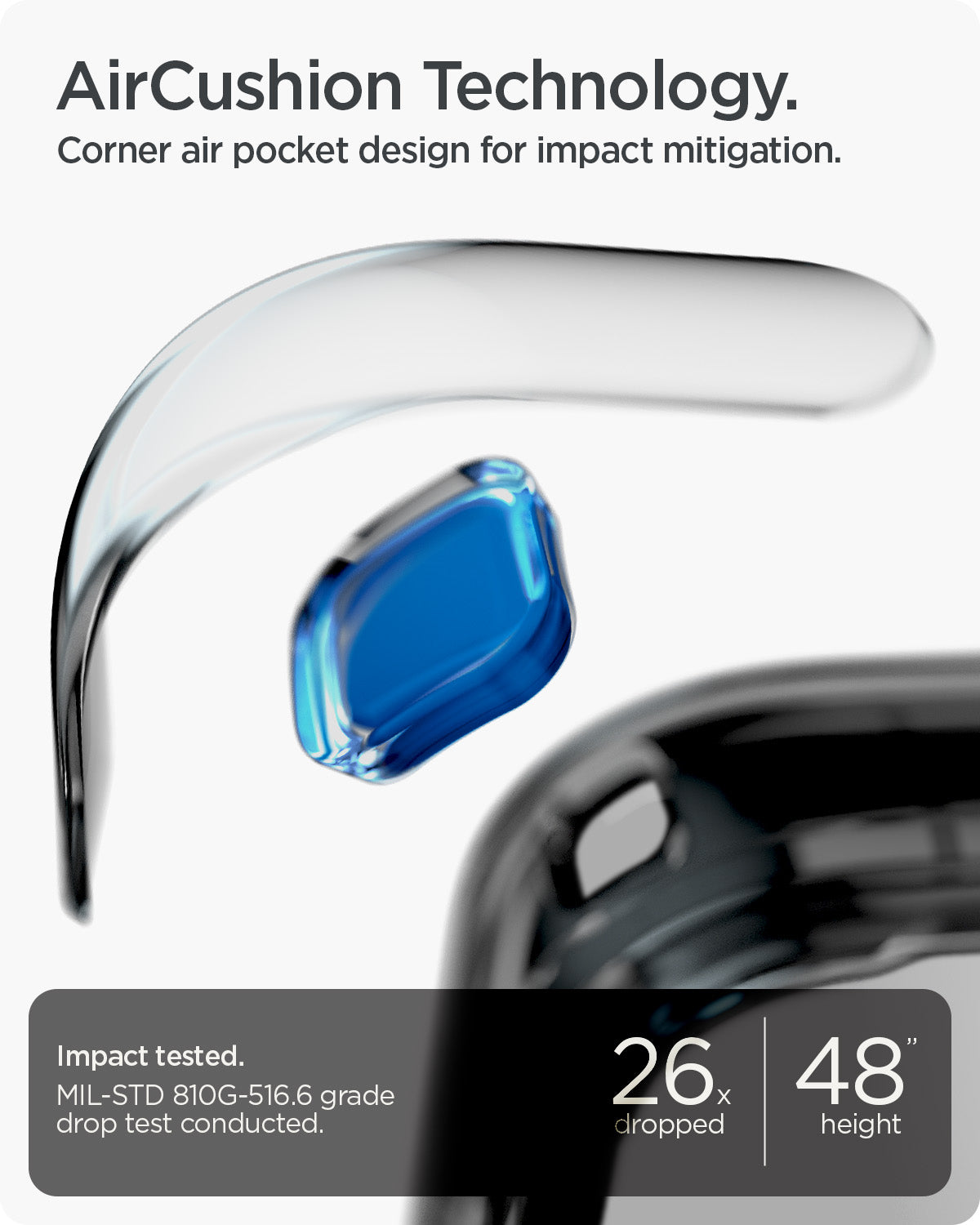 ACS09721 - Pixel 10 Pro XL Case Rugged Armor (MagFit) in black showing the AirCushion Technology. Corner air pocket design for impact mitigation. Impact tested with 26x dropped at 48" height.