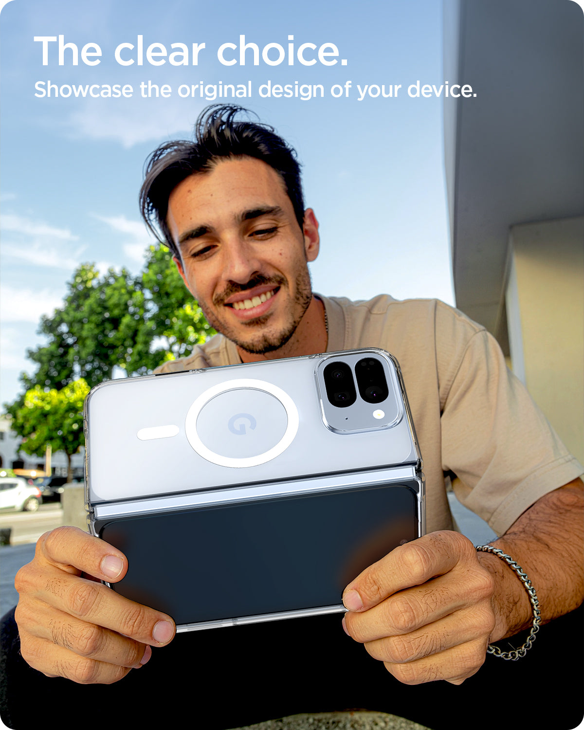 ACS09742 - Pixel 10 Pro Fold Case Ultra Hybrid Metal Ring (MagFit) in crystal clear showing the clear choice. Showcase the original design of your device.