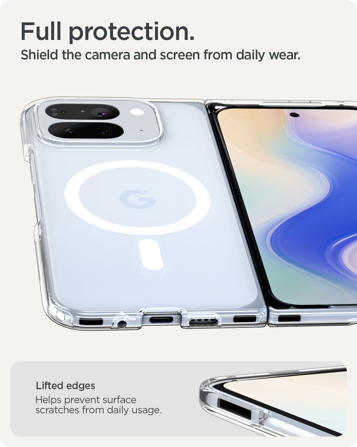 ACS09742 - Pixel 10 Pro Fold Case Ultra Hybrid Metal Ring (MagFit) in crystal clear showing the full protection. Shield the camera and screen from daily wear. Lifted edges help prevent surface scratches from daily usage