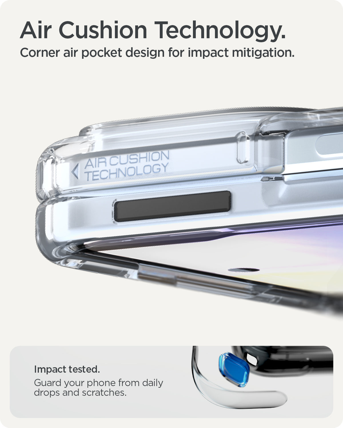 ACS09742 - Pixel 10 Pro Fold Case Ultra Hybrid Metal Ring (MagFit) in crystal clear showing the Air Cushion  Technology. Corner air pocket design for impact mitigation. Impact tested. Guard your phone from daily drops and scratches.