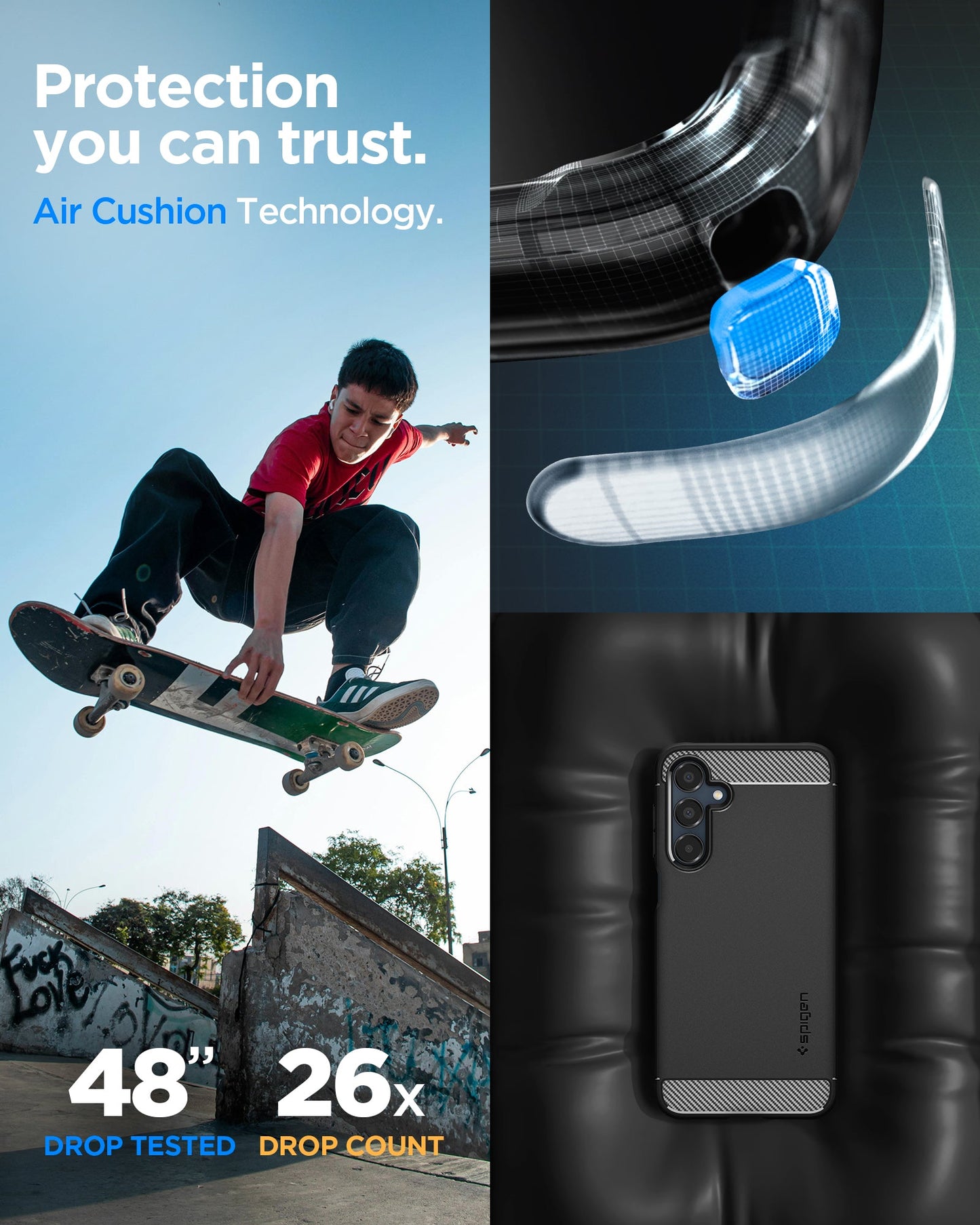 ACS08891 - Galaxy A16 5G Case Rugged Armor in Matte Black showing the protection you can trust. Air Cushion Technology. 48" drop tested | 26x drop count