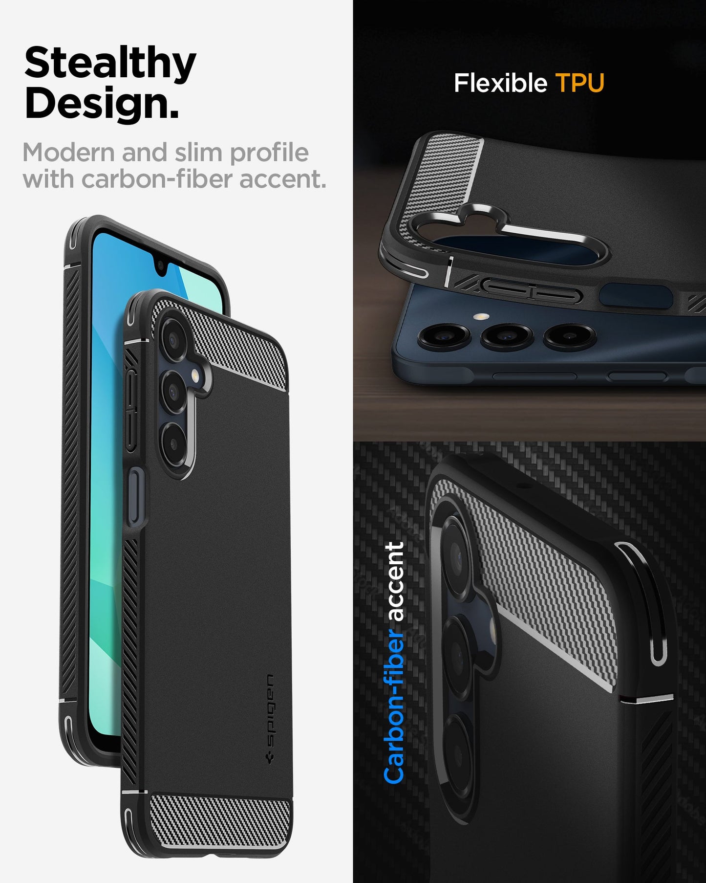 ACS08891 - Galaxy A16 5G Case Rugged Armor in Matte Black showing the stealthy design. Modern and slim profile with carbon-fiber accent with Flexible TPU and carbon-iber accent