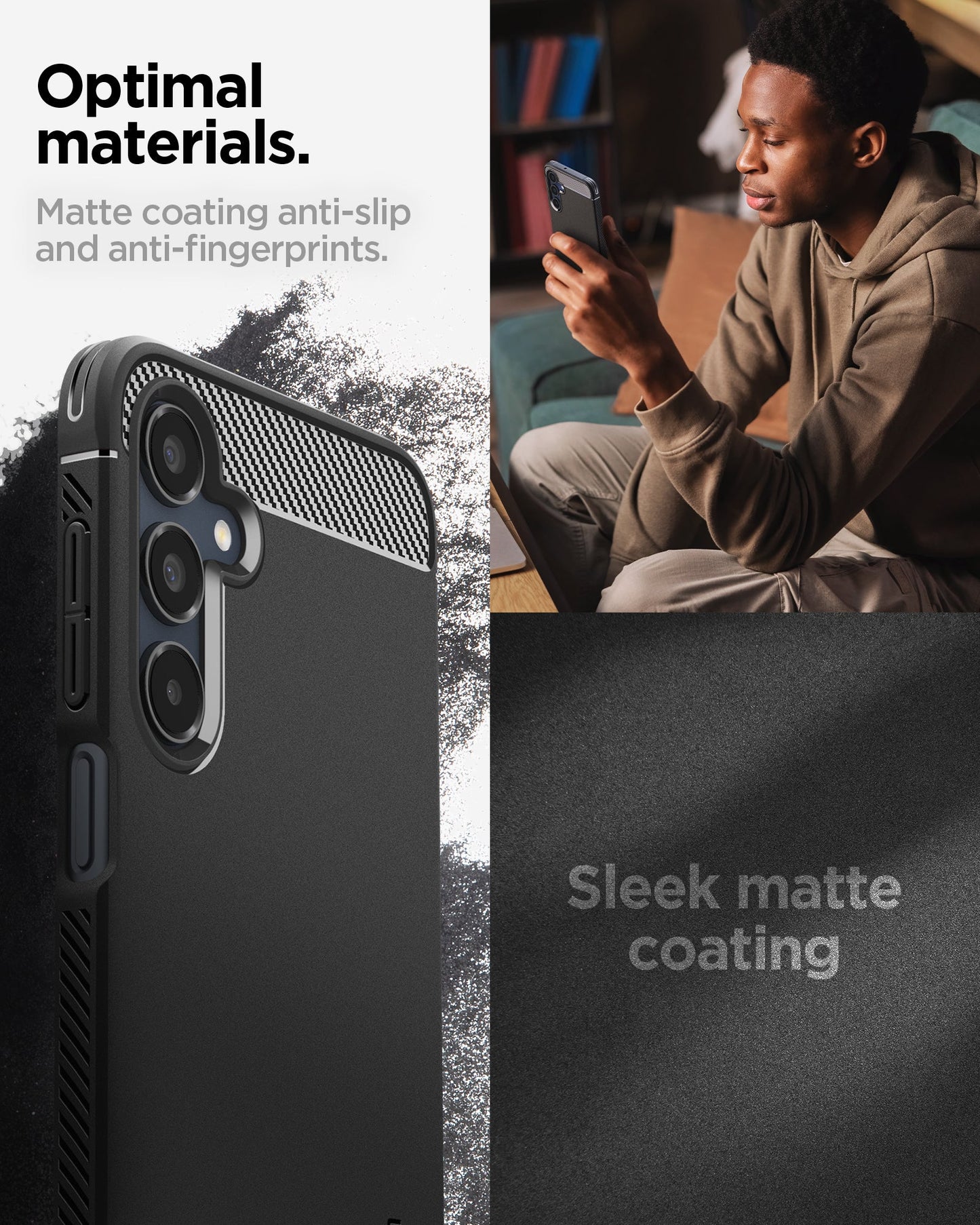 ACS08891 - Galaxy A16 5G Case Rugged Armor in Matte Black showing the optimal materials. Matte coating anti-slip and anti-fingerprints with sleek matte coating