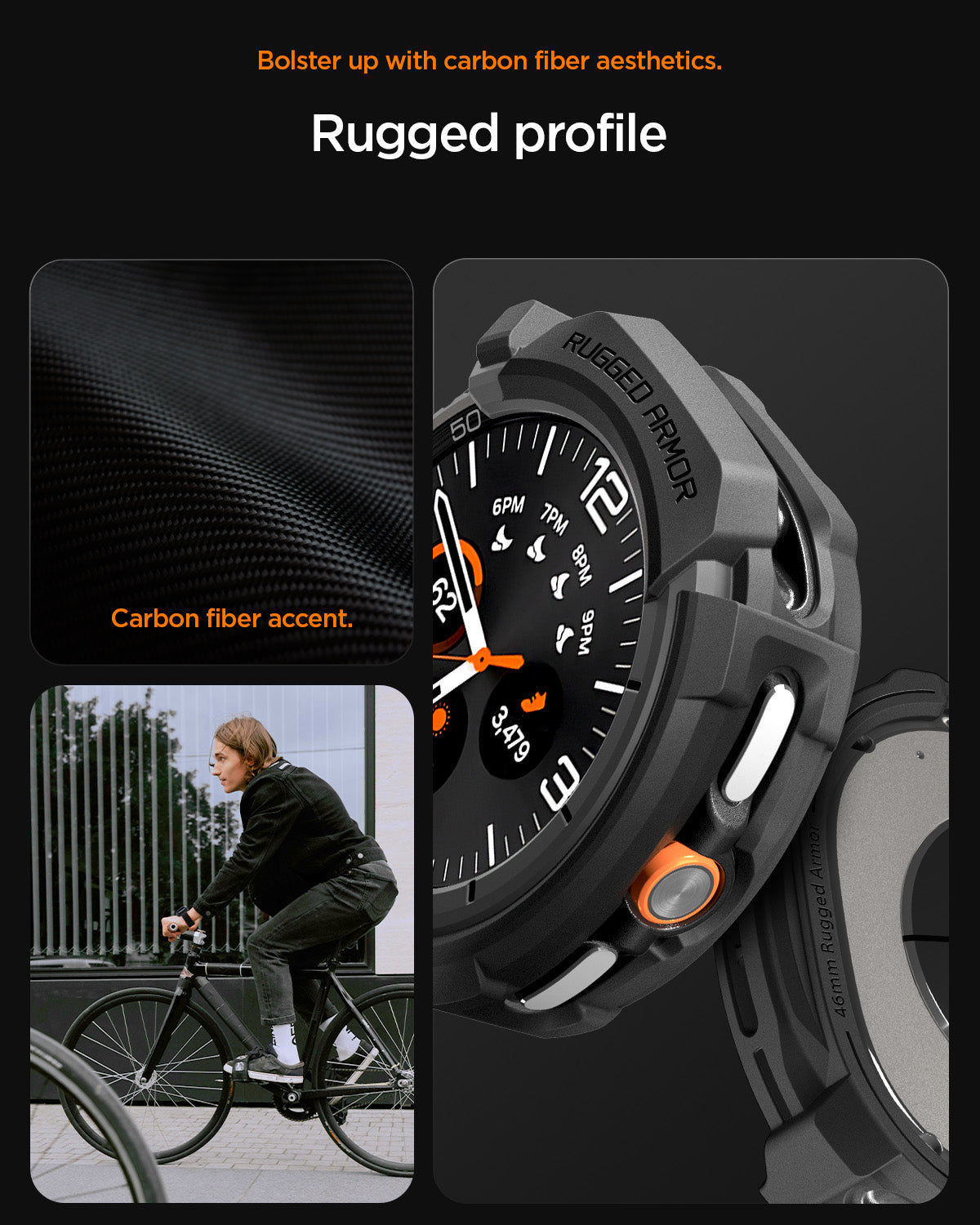 ACS10012 - Galaxy Watch 8 46mm Rugged Armor showing bolster up with carbon fiber aesthetics. rugged profile.