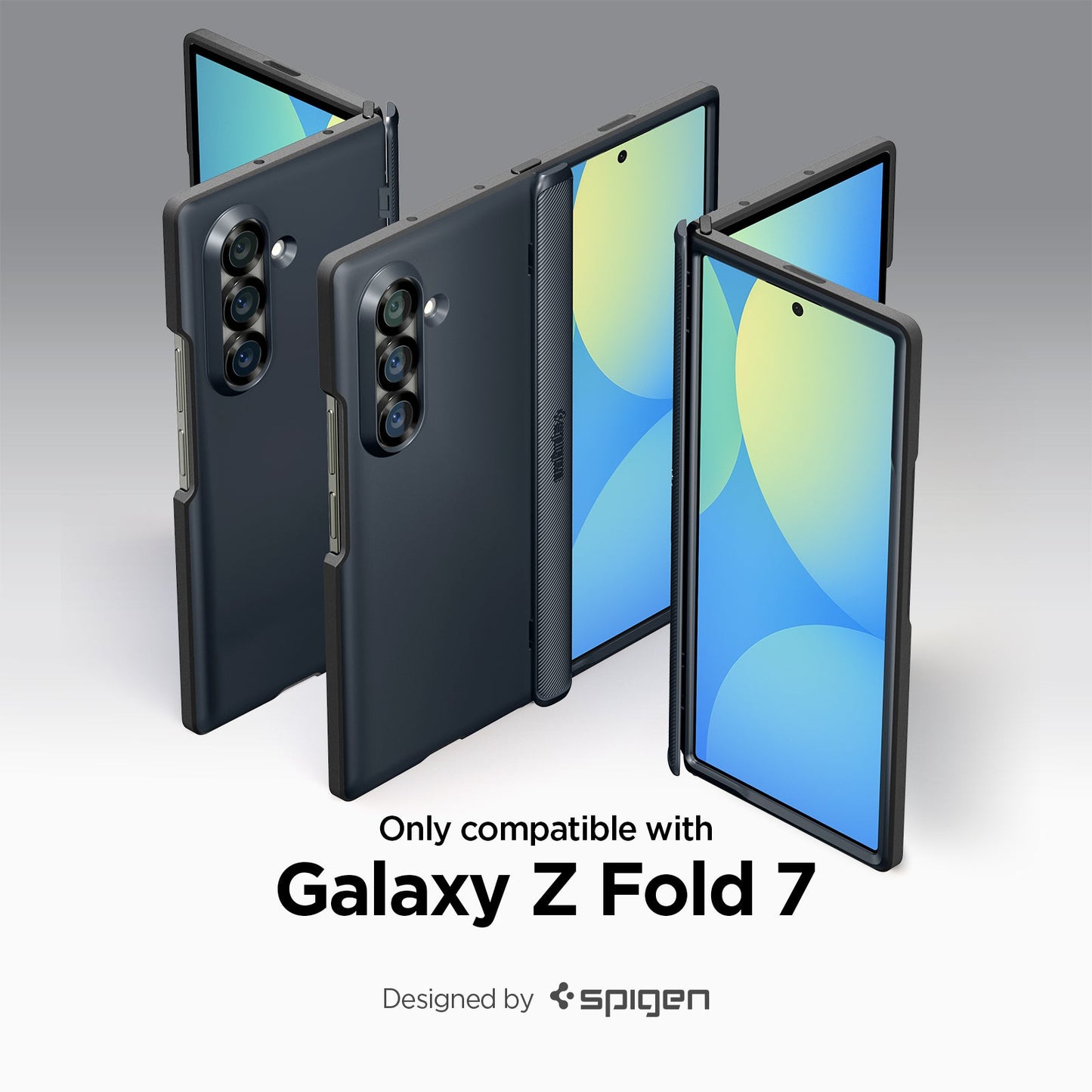 ACS09552 - Galaxy Z Fold 7 - Slim Armor Pro (MagFit) in metal slate showing the compatibility only with Galaxy Z Fold 7. Designed by spigen.