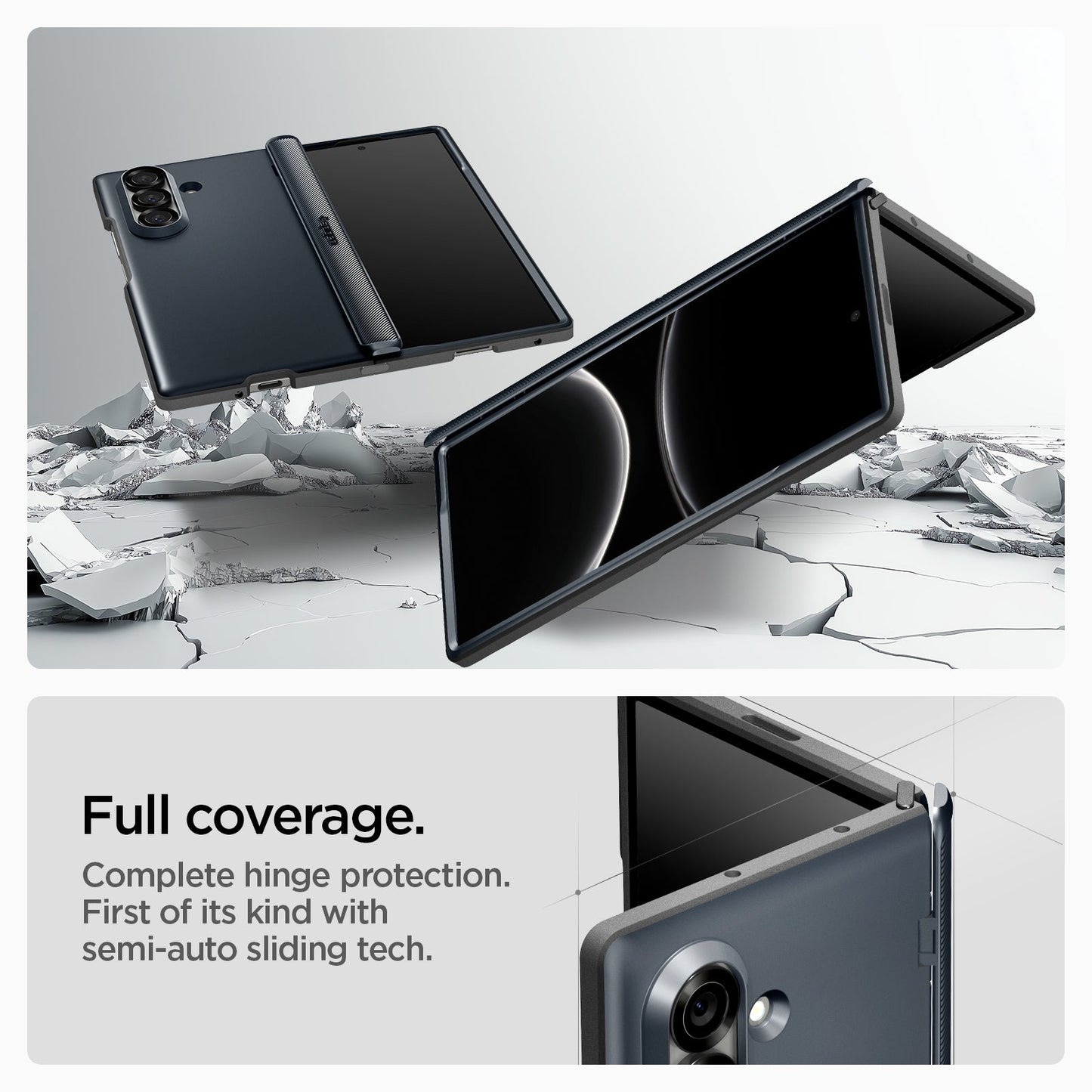 ACS09552 - Galaxy Z Fold 7 - Slim Armor Pro (MagFit) in metal slate showing the full coverage. Complete hinge protection. First of its kind with semi-auto sliding tech