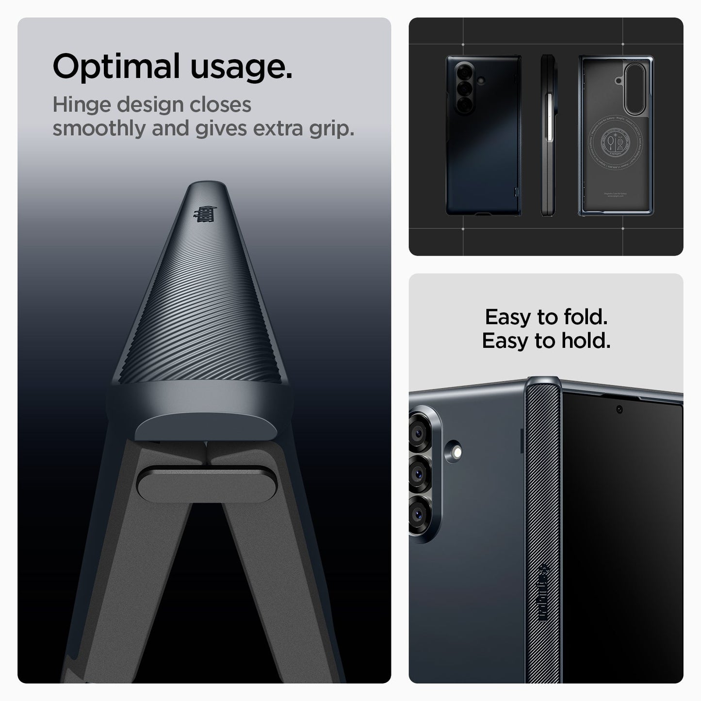 ACS09552 - Galaxy Z Fold 7 - Slim Armor Pro (MagFit) in metal slate showing the optimal usage. Easy to fold. Easy to hold. Hinge design closes smoothly and gives extra grip