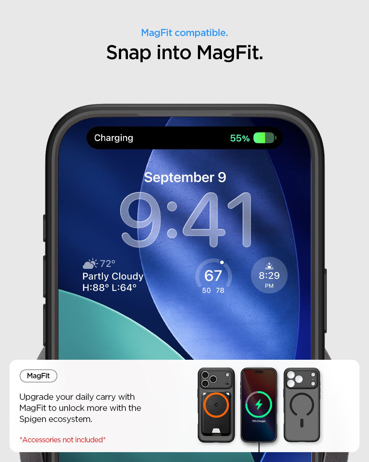 ACS10038 - iPhone 17 Pro Max Ultra Hybrid (MagFit) in Frost Black showing magfit compatible. snap into magfit. upgrade your daily carry with magfit to unlock more with the spigen ecosystem.