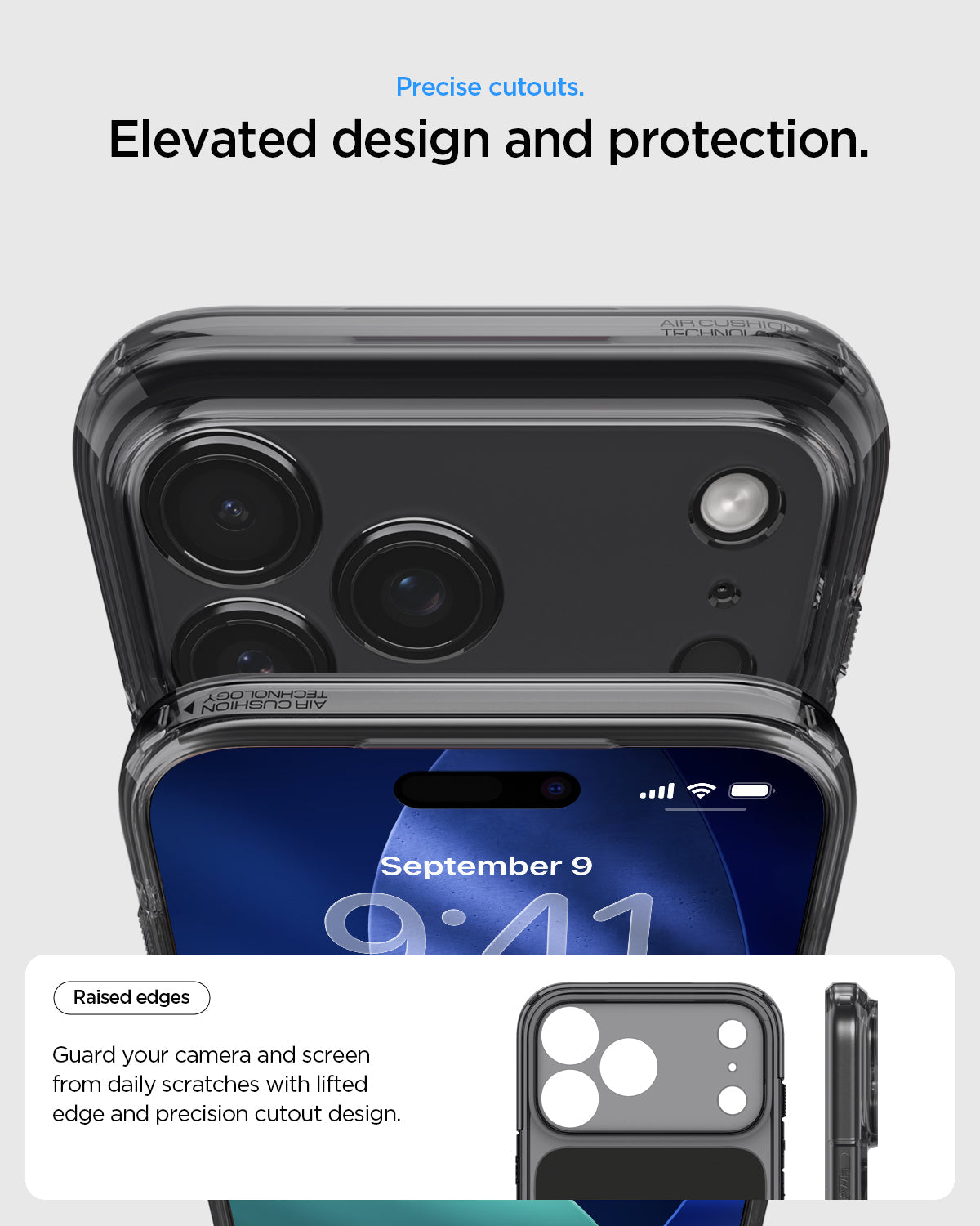 ACS10078 - iPhone 17 Pro Ultra Hybrid T (MagFit) in Matte Black showing precise cutouts. elevated design and protection. Raised edges. Guard your camera and screen from daily scratches with lifted edge and precision cutout design.