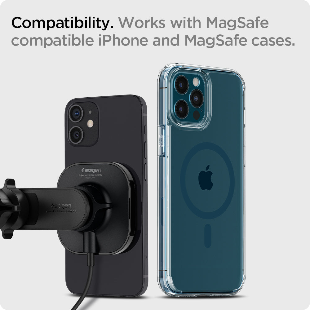 ACP02615 - OneTap Pro Air Vent Car Mount ITS12W (MagFit) showing the Compatibility. Works with MagSafe compatible iPhone and MagSafe cases a back of 2 devices one was attached to a car mount