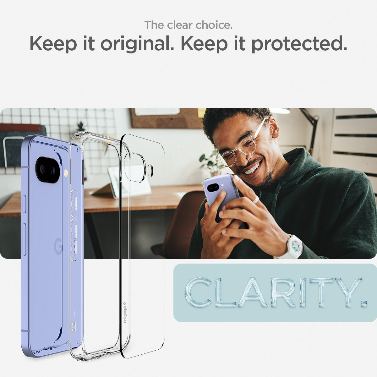 ACS09042 - Pixel 9a Case Ultra Hybrid in Crystal Clear showing the clear choice. Keeping it original and protected