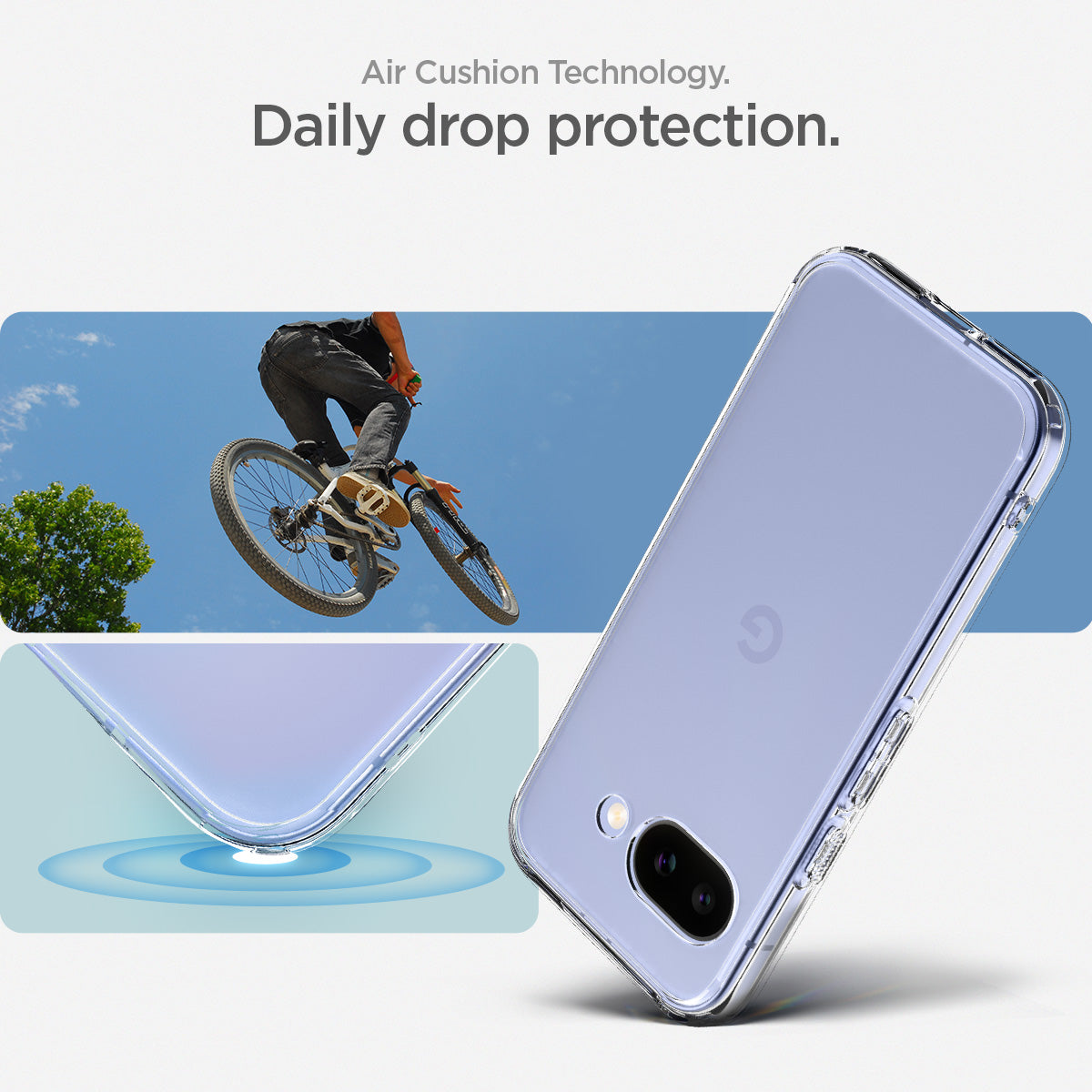 ACS09042 - Pixel 9a Case Ultra Hybrid in Crystal Clear showing the daily drop protection with Air Cushion Technology