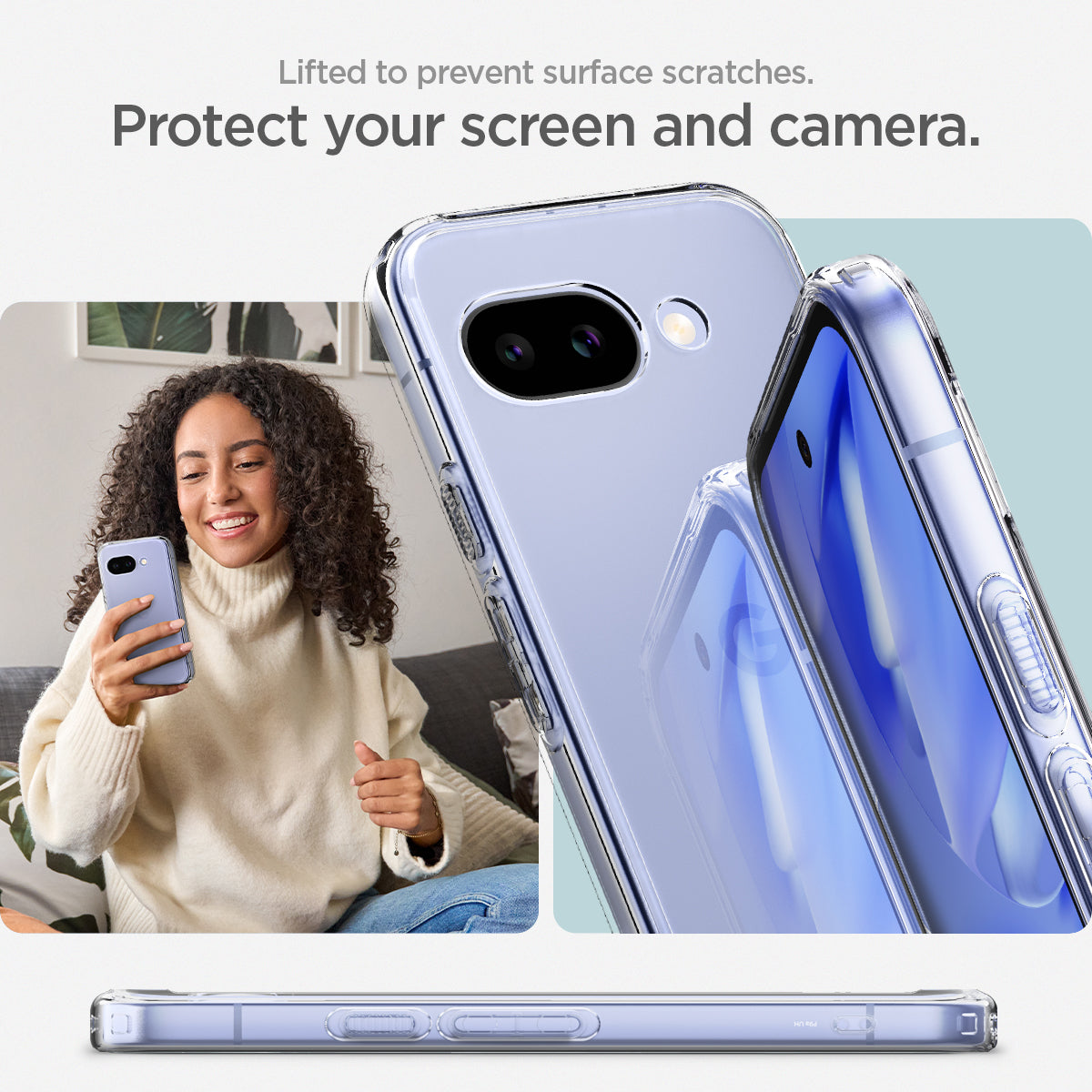 ACS09042 - Pixel 9a Case Ultra Hybrid in Crystal Clear showing the protection for your screen and camera. Lifted to prevent surface scratches