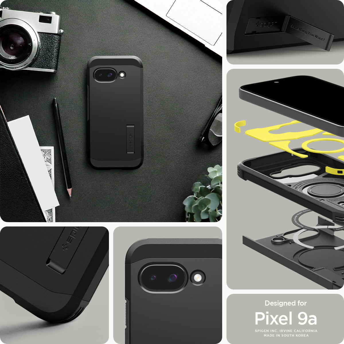 ACS09046 - Pixel 9a Case Tough Armor AI (MagFit) in Black showing the different angles