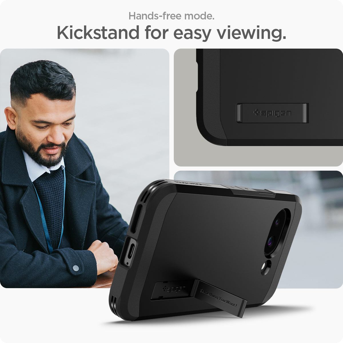 ACS09046 - Pixel 9a Case Tough Armor AI (MagFit) in Black showing the Hands-free mode. Kickstand for easy viewing