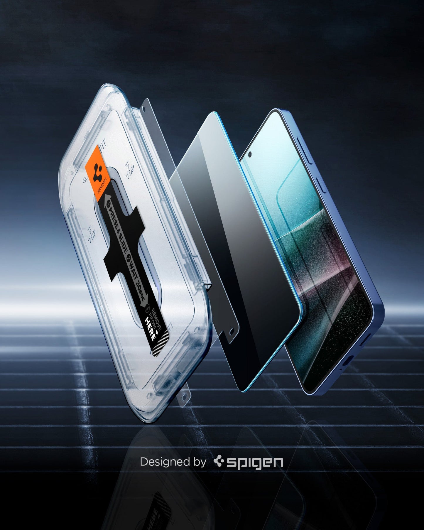 AGL07626 - Galaxy S25 Plus GLAS.tR EZ Fit in Privacy showing the alignment tray hovering in front of the film strip, screen protector and the device