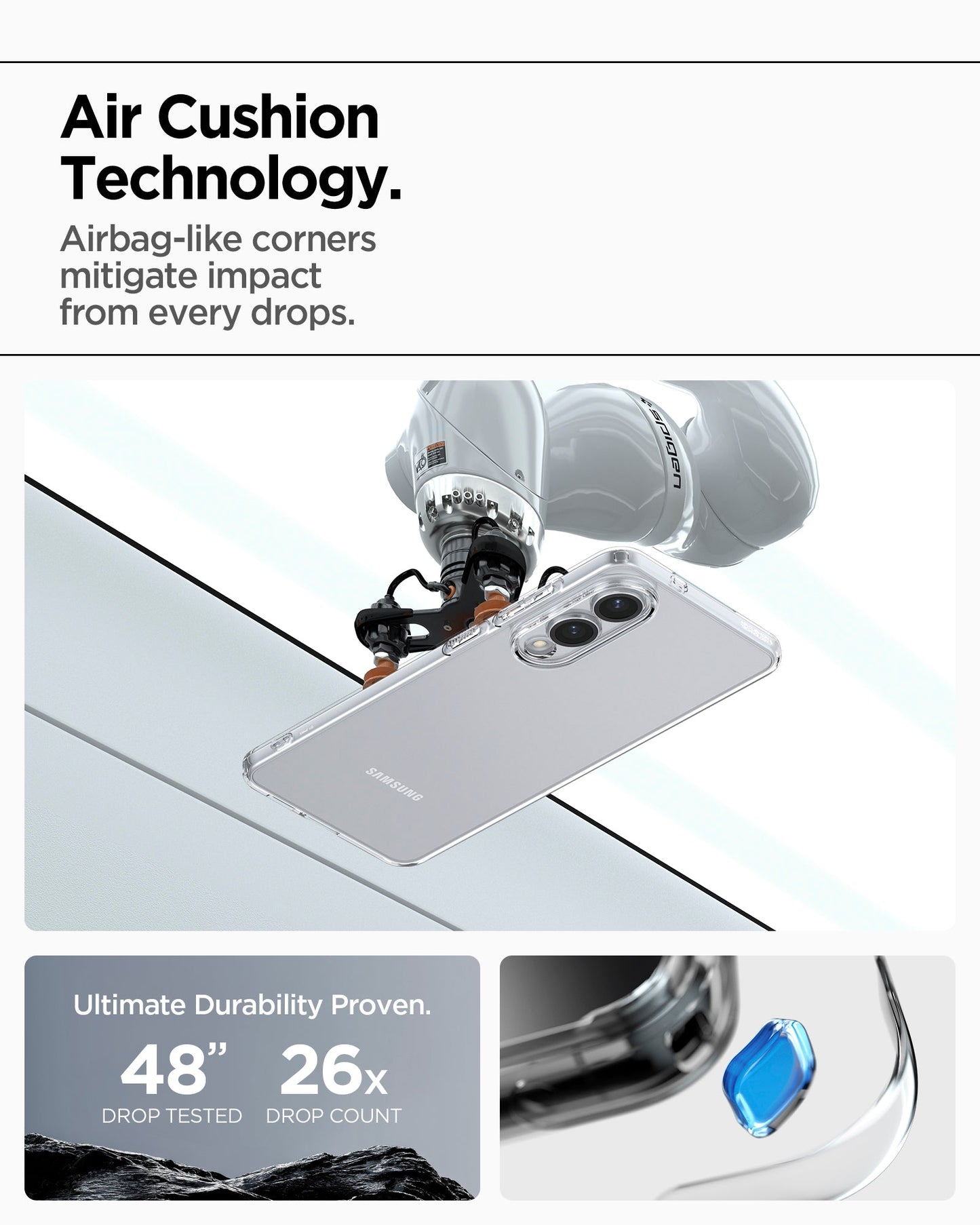 ACS09425 - Galaxy S25 Edge Case Liquid Crystal in Crystal Clear showing the Air Cushion Technology. Airbag-like corners mitigate impact from every drops. Ultimate Durability Proven. 48" drop tested 26x drop count