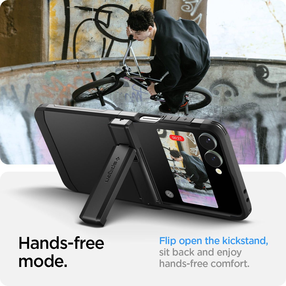 ACS09561 - Galaxy Z Flip 7 Case Tough Armor Pro (MagFit) in black showing the hands-free mode. Flip open the kickstand, sit back and enjoy hands-free comfort.