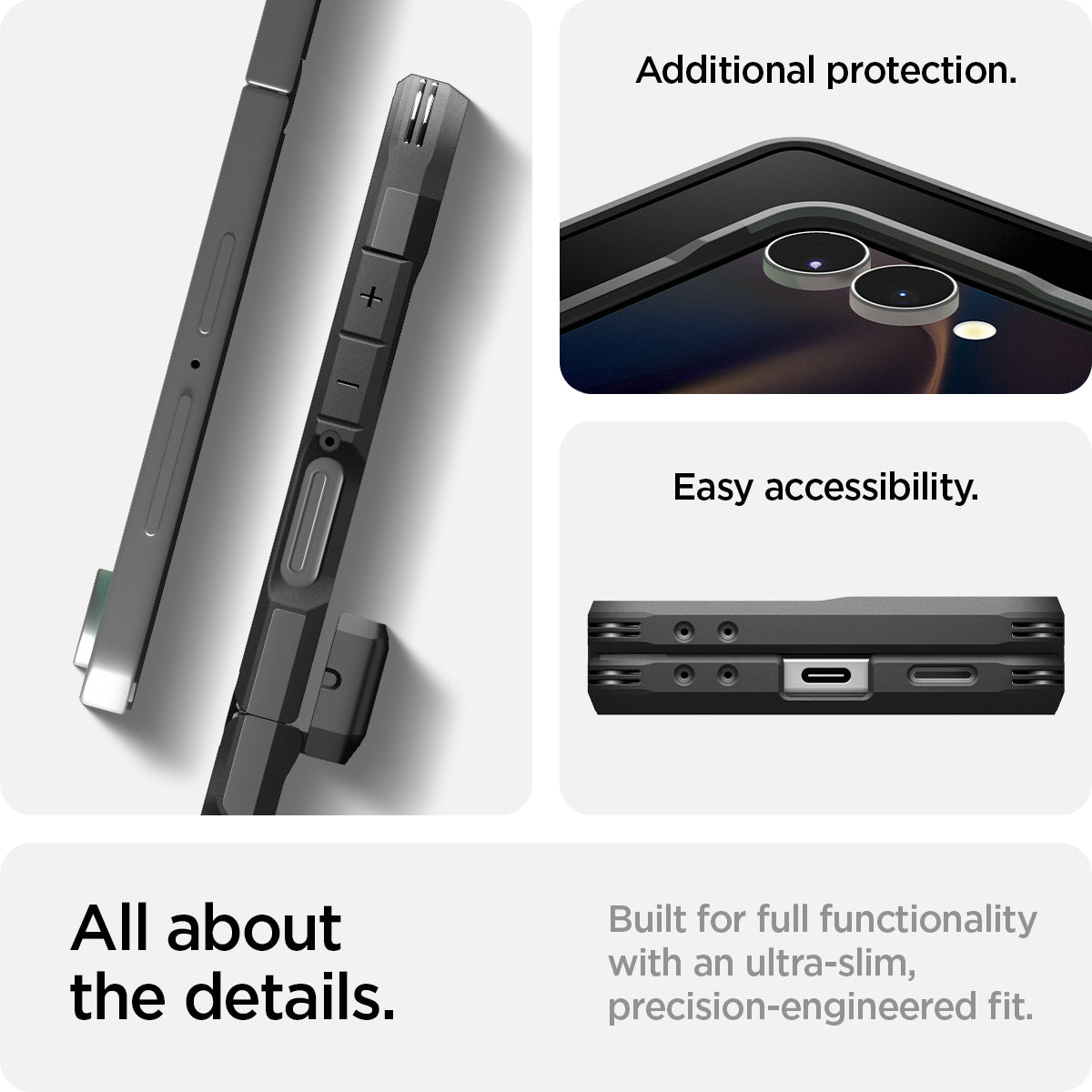 ACS09561 - Galaxy Z Flip 7 Case Tough Armor Pro (MagFit) in black showing the additional protection and easy accessibility. All about the details. Built for full functionality with an ultra-slim, precision-engineered fit