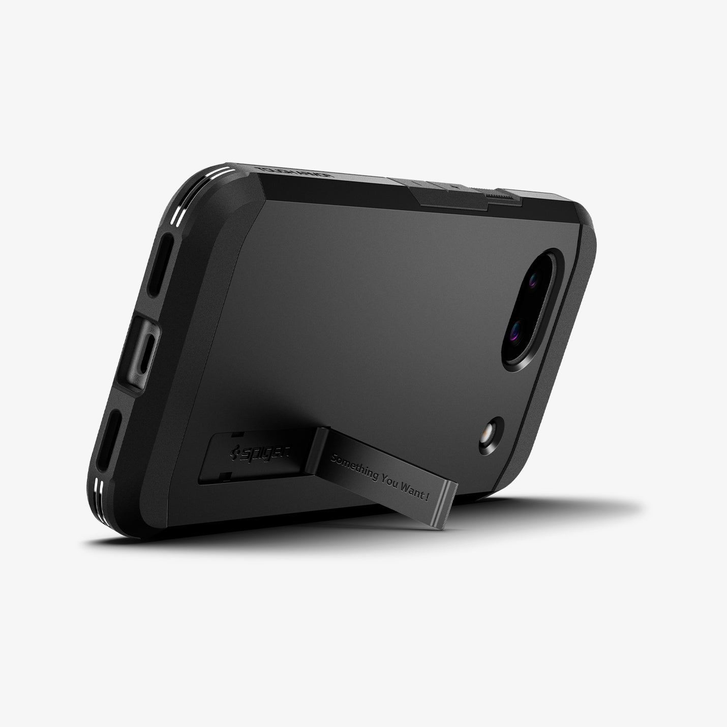 ACS07264 - Pixel 8a Case Tough Armor in Black showing the back and partial side and bottom with a propped up built-in kickstand