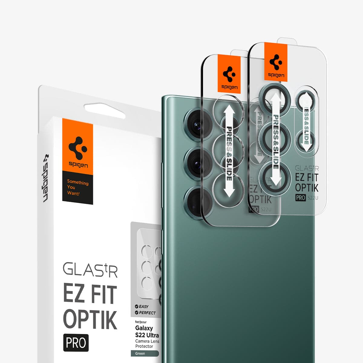 AGL04754 - Galaxy S22 Ultra EZ Fit Optik Pro Lens Protector Glass.tR in green showing the device, two ez fit lens protectors and packaging