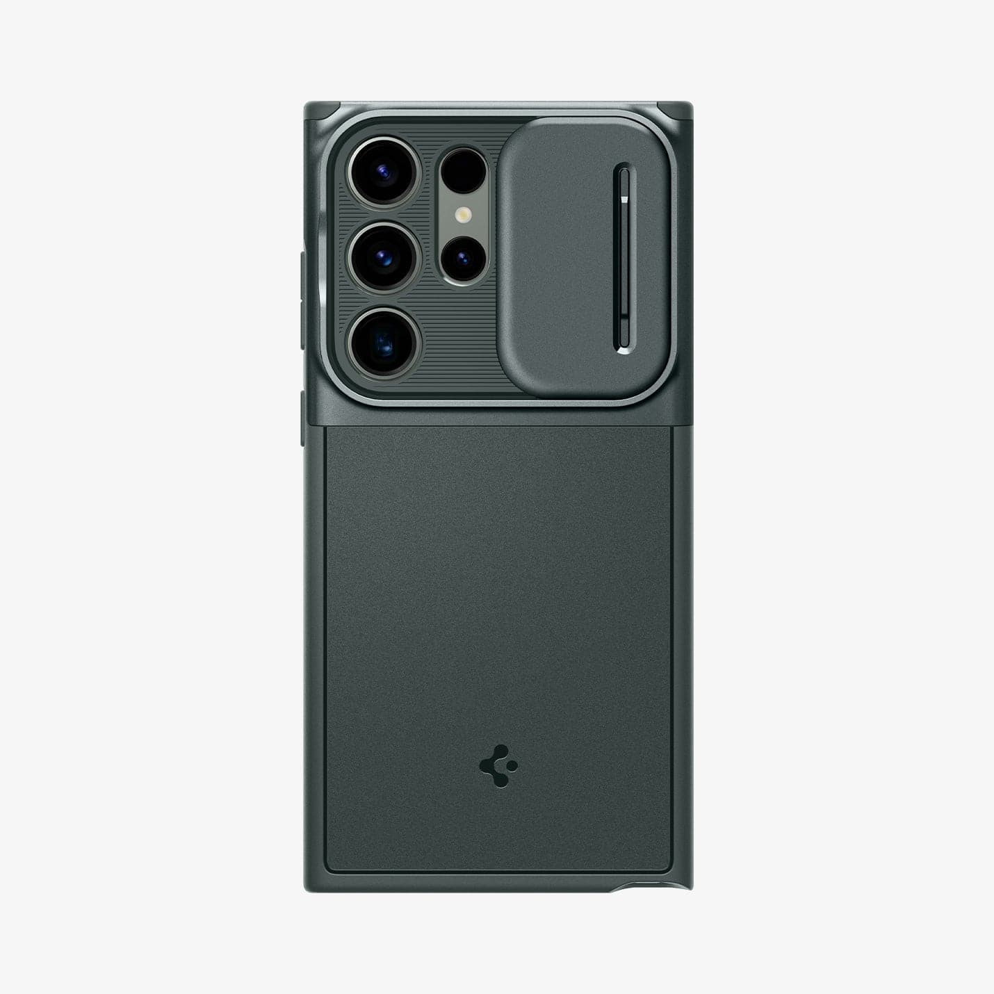 ACS06081 - Galaxy S23 Ultra Case Optik Armor in abyss green showing the back with optik slot lens open