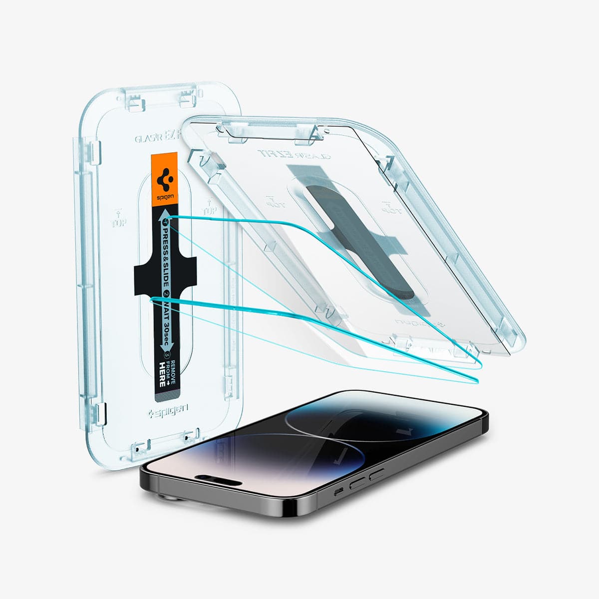 AGL05214 - iPhone 14 Pro Screen Protector EZ FIT GLAS.tR (Sensor Protection) showing the device, two screen protectors, and ez fit tray