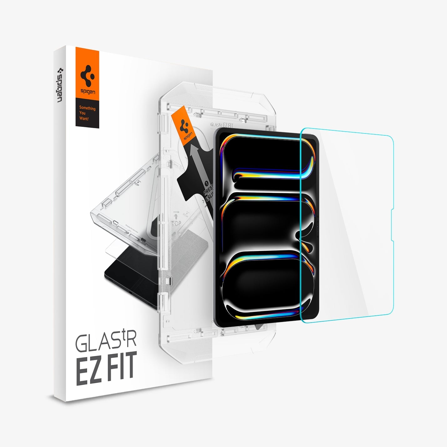 AGL07788 - iPad Pro 11-inch GLAS.tR EZ FIT in Clear showing the screen protector hovering in front of a device, alignment tray and the packaging