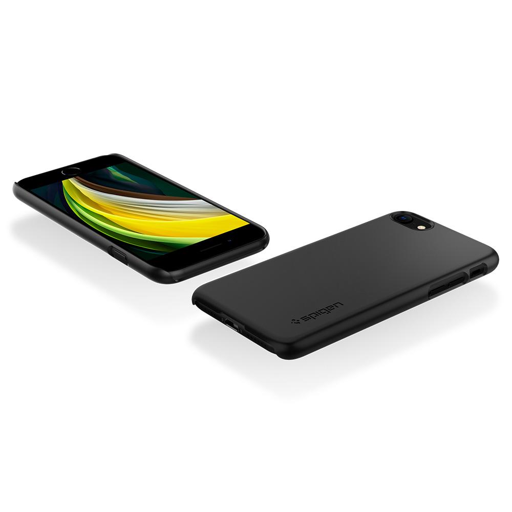 042CS20427 - iPhone SE (2020) Case Thin Fit in black showing the back, front, bottom, top and sides with device laying flat