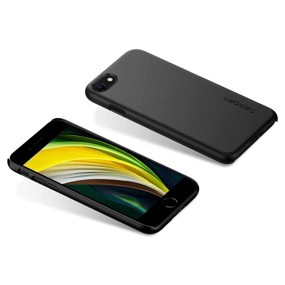 042CS20427 - iPhone SE (2020) Case Thin Fit in black showing the back and front with device laying flat