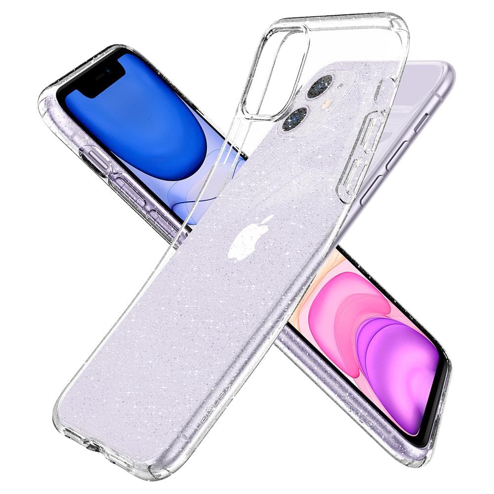 Liquid Crystal Glitter Case CrystalQ back design overlapping the front view of the iPhone 11 device.