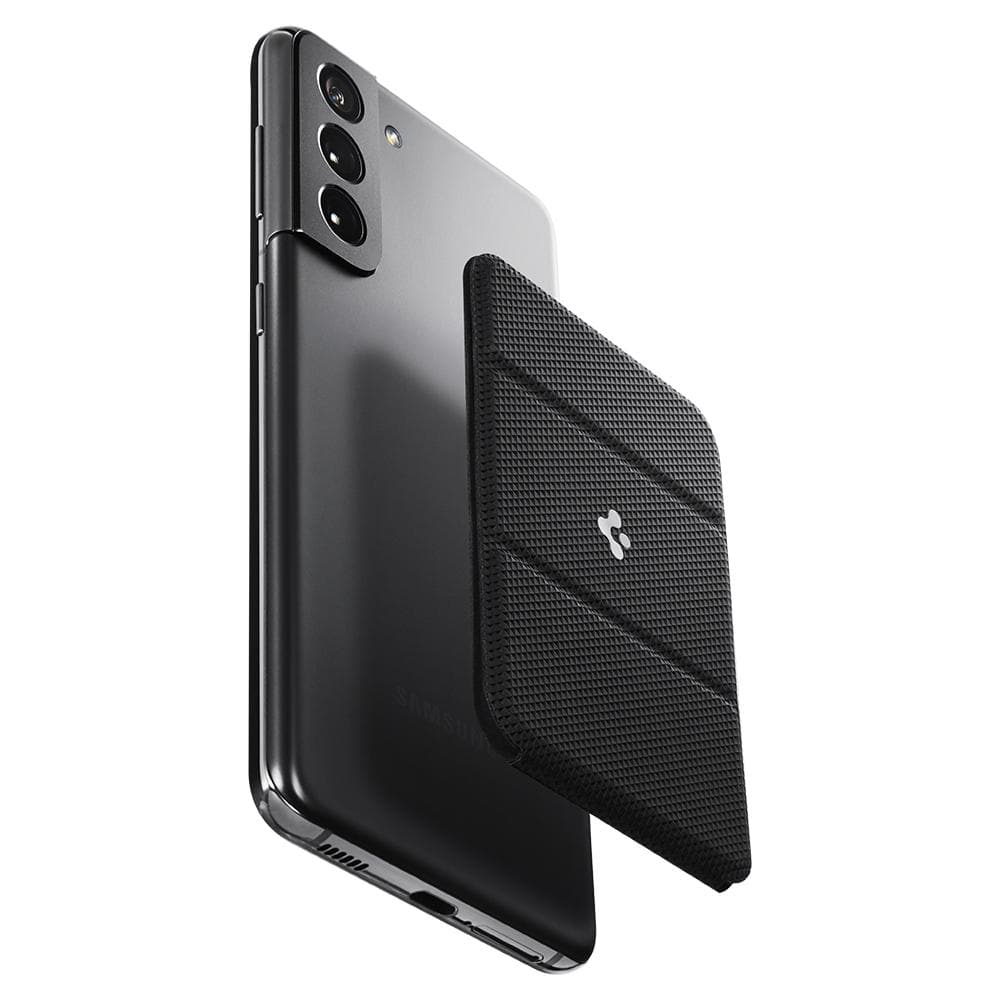 Universal Card Holder Smart Fold in black showing the back floating slightly above back of device