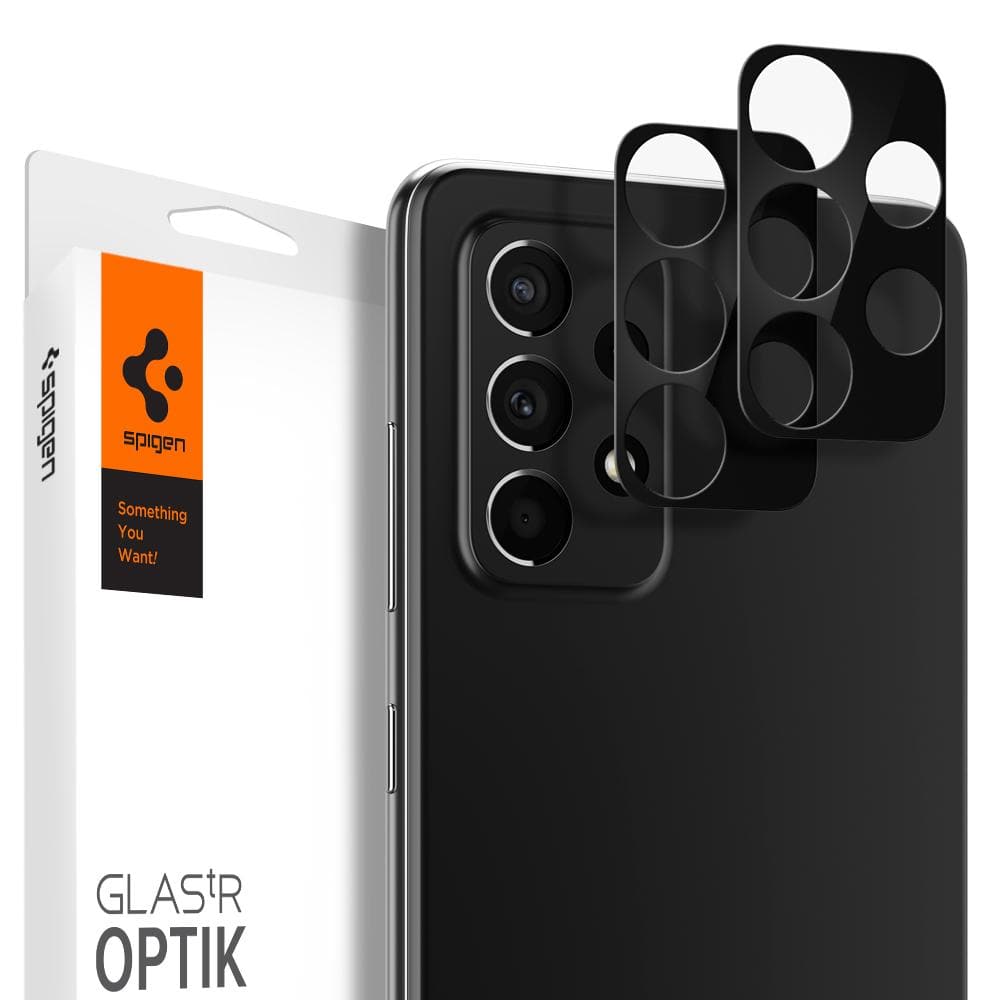 Galaxy A52 / Galaxy A52 5G Optik Lens Protector in black showing the packaging, Galaxy A52 device, and two black lens protectors