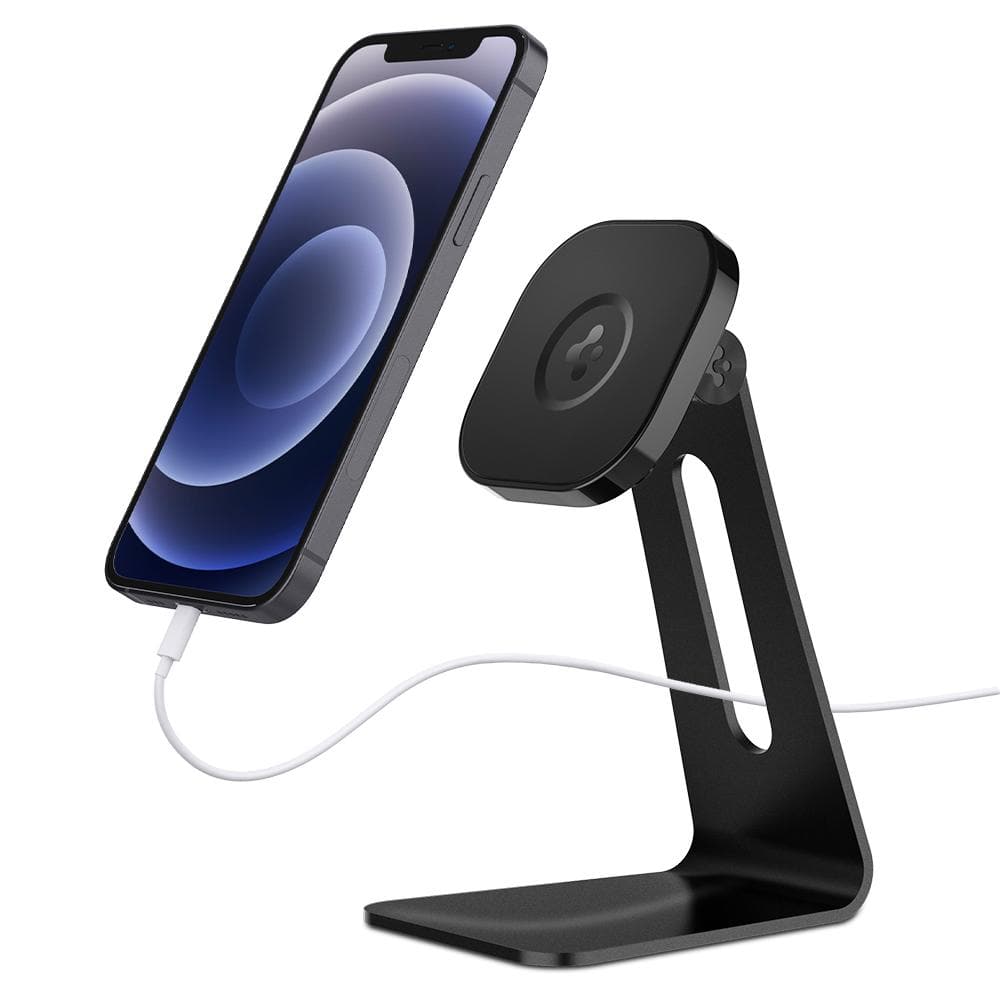 OneTap Magnetic Stand in black showing the front and side with iPhone floating above
