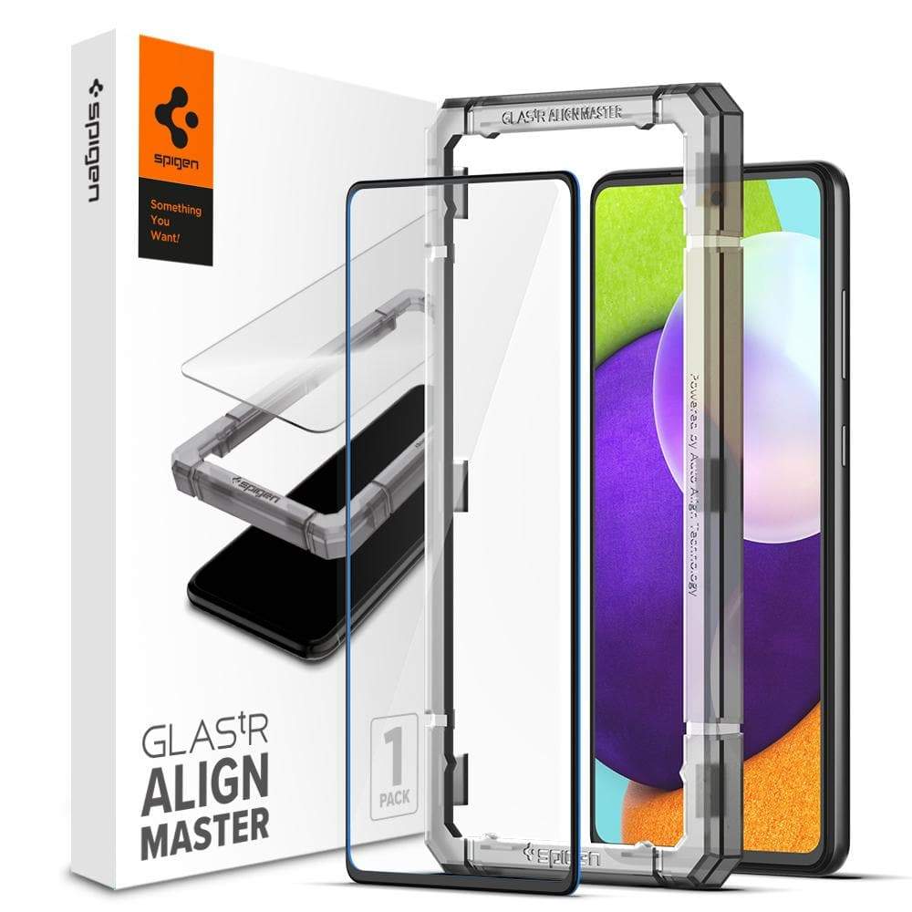 Galaxy A52 5G Screen Protector AlignMaster GLAS.tR Full Cover showing the packaging, screen protector and alignmaster tray