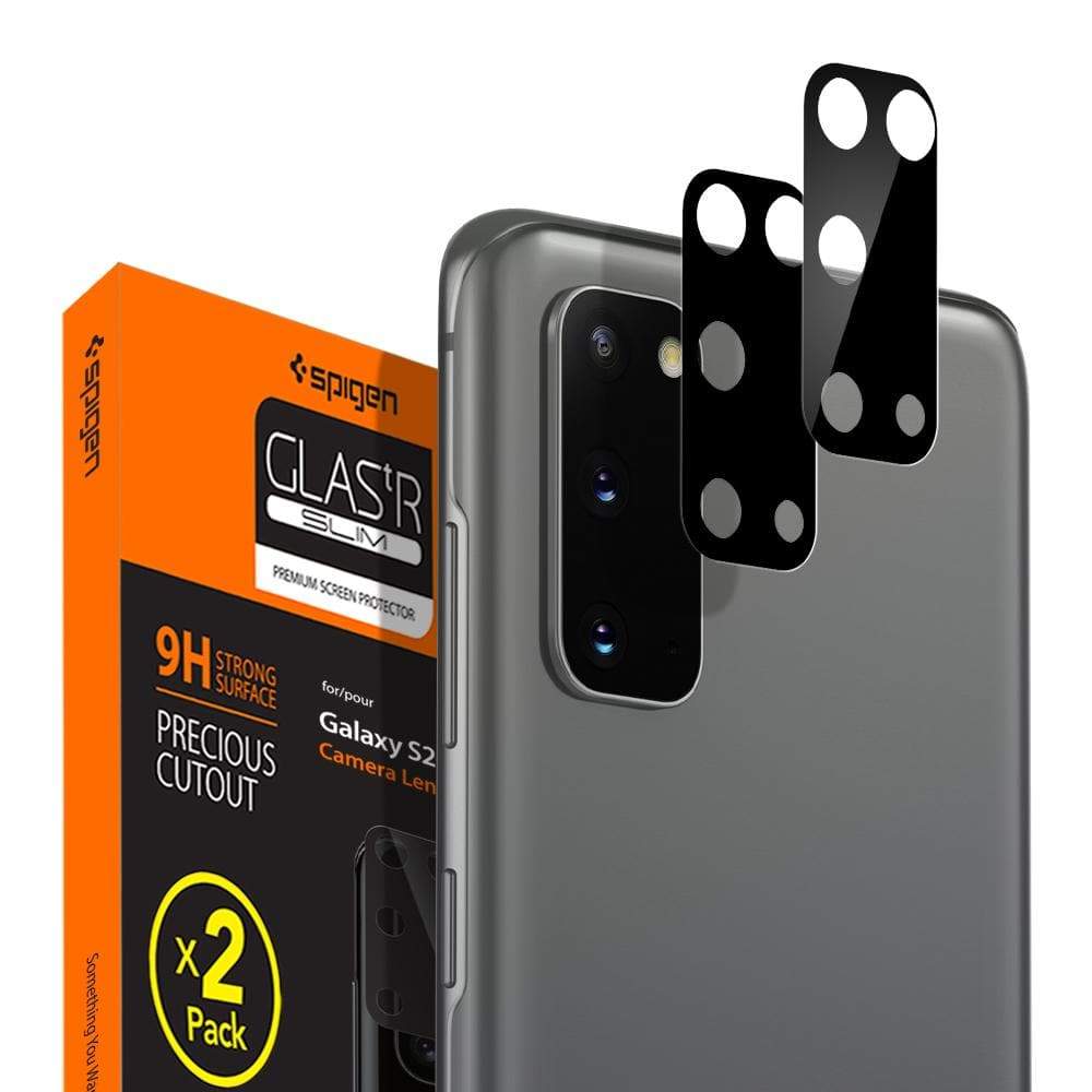Galaxy S20 / Galaxy S20 5G Camera Lens Screen Protector showing the packaging, device, and two lens protectors