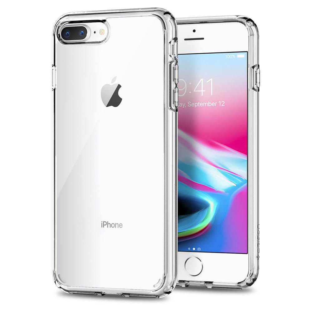 Ultra Hybrid 2 Crystal Clear Case back design and a front view of the edge around the iPhone 8 Plus device.