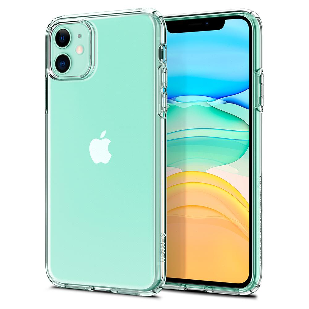 Liquid Crystal Case Crystal Clear back design and a front view of the edge around the iPhone 11 device.