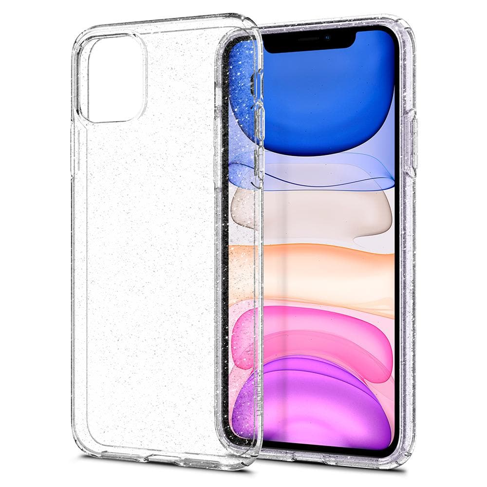iPhone 11 Case Liquid Crystal Glitter in crystal quartz showing the back without device and front with device
