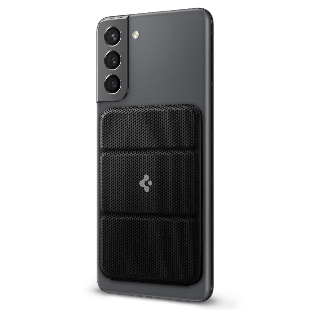 Universal Card Holder Smart Fold black shown on back of phone