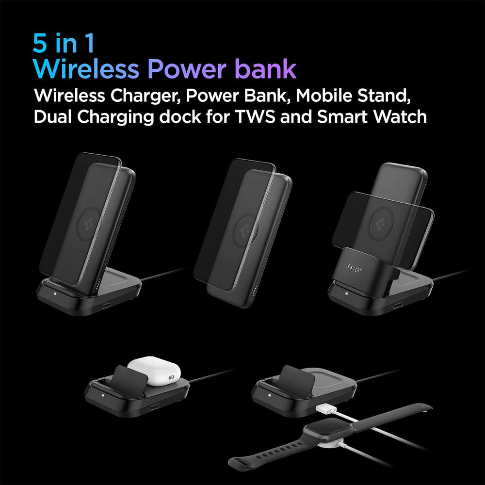 Spigen 5in1 10000mAh Wireless Power Bank with USB-A Dual Charging Dock for Airpods and Smartwatches, Lithium Polymer - Black