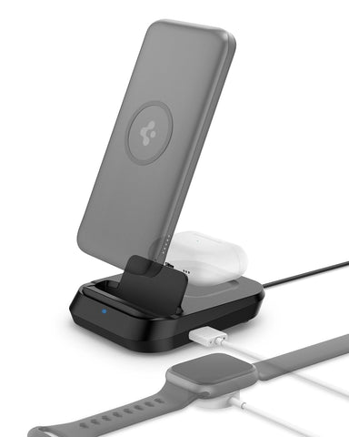 Dual Wireless Charging Dock with USB-A Port for Powerbank, Airpods and Smartwatches - Black