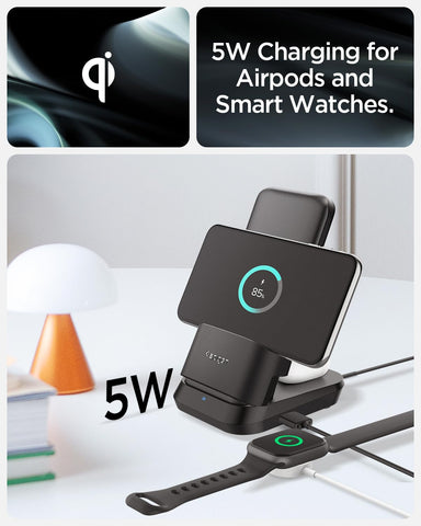 Dual Wireless Charging Dock with USB-A Port for Powerbank, Airpods and Smartwatches - Black