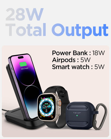 Dual Wireless Charging Dock with USB-A Port for Powerbank, Airpods and Smartwatches - Black