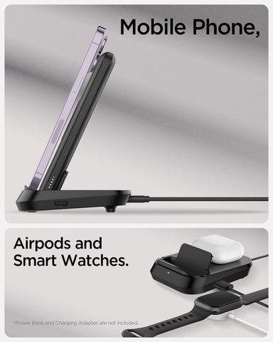 Dual Wireless Charging Dock with USB-A Port for Powerbank, Airpods and Smartwatches - Black