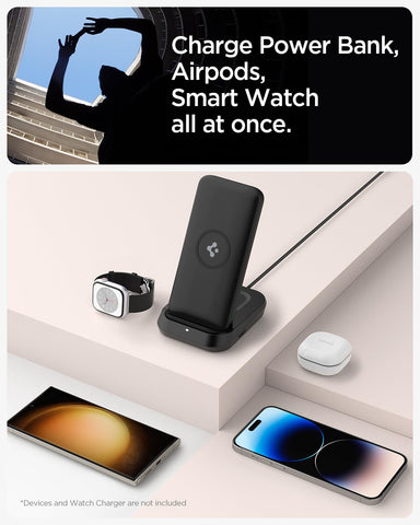 Dual Wireless Charging Dock with USB-A Port for Powerbank, Airpods and Smartwatches - Black