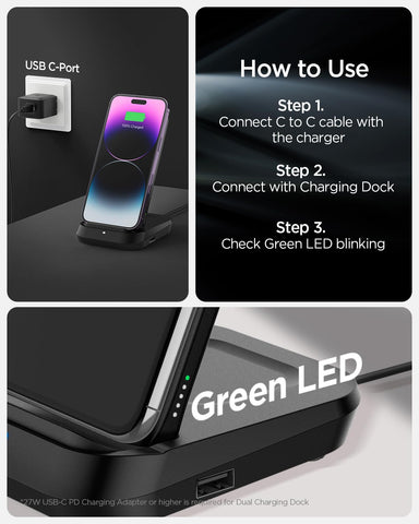 Dual Wireless Charging Dock with USB-A Port for Powerbank, Airpods and Smartwatches - Black