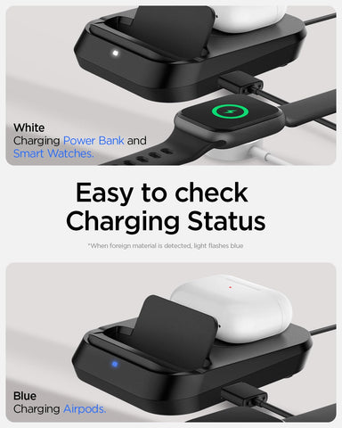 Dual Wireless Charging Dock with USB-A Port for Powerbank, Airpods and Smartwatches - Black