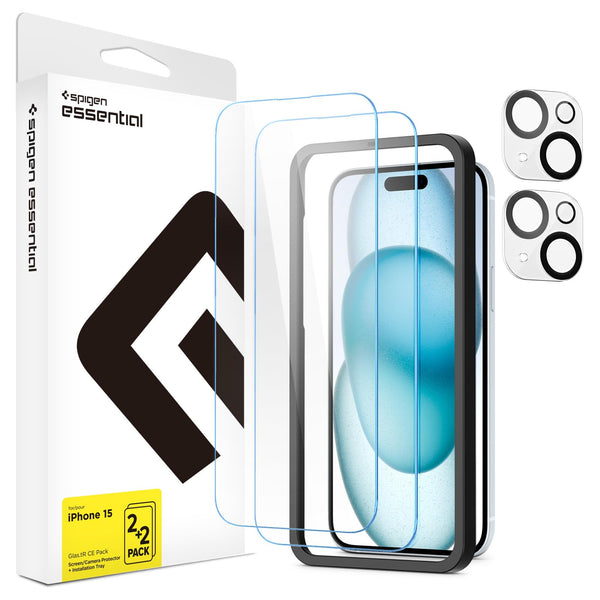 Spigen Essential Glas.tR CE Tempered Glass Screen Guard for iPhone 15 (Pack of Glass 2 Pack + Camera Lens Protector 2P + Alignment Tool)